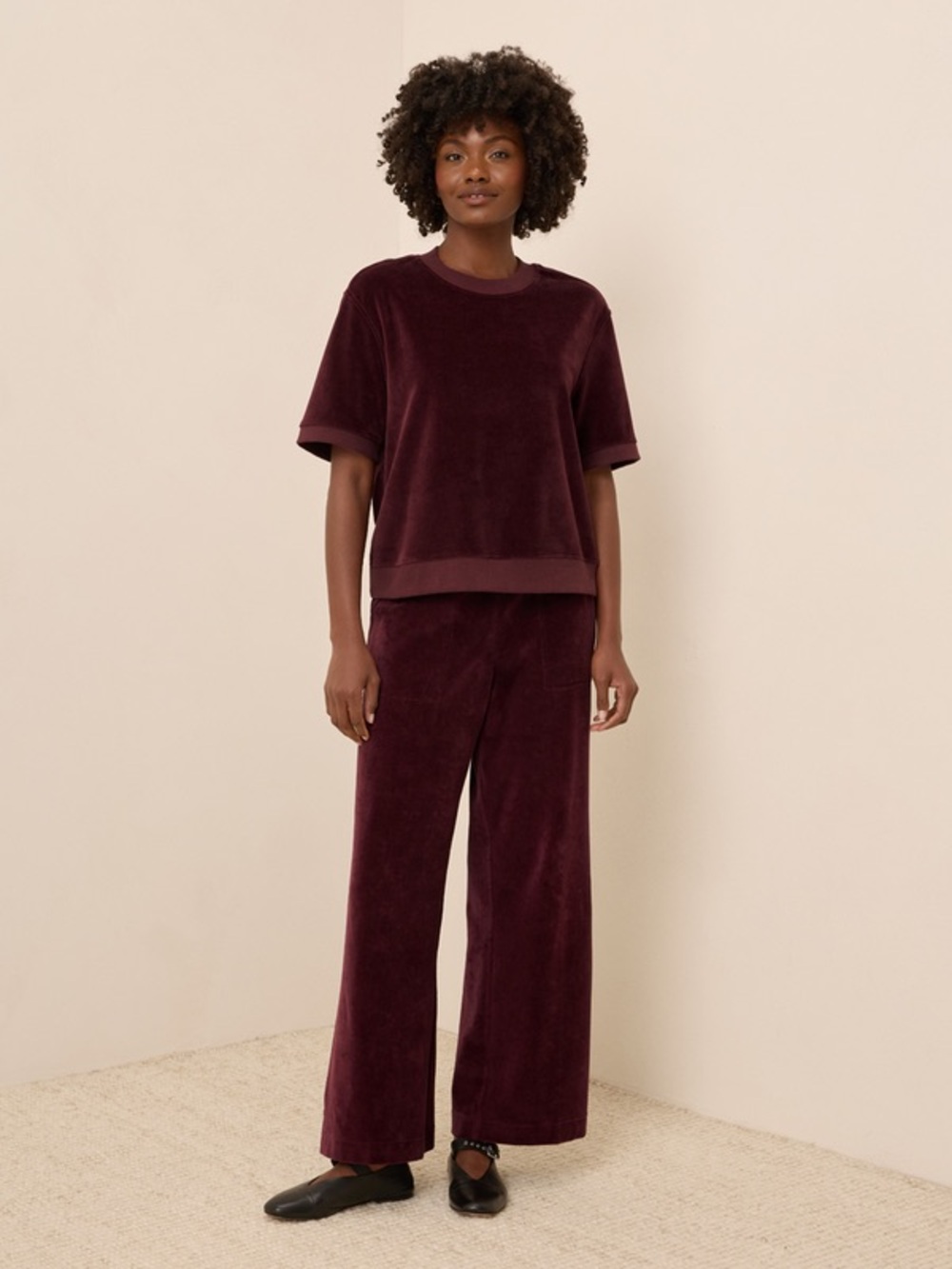 Pact Velvet Velour Set—Cropped Wide Leg Pants & Short Sleeve Top, Wine, Size XL